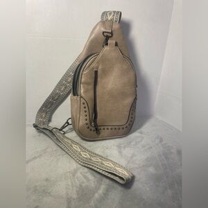 Sam & Hadley Guitar Strap Sling Bag Beige 4 Pockets Stud Embellishment Moto